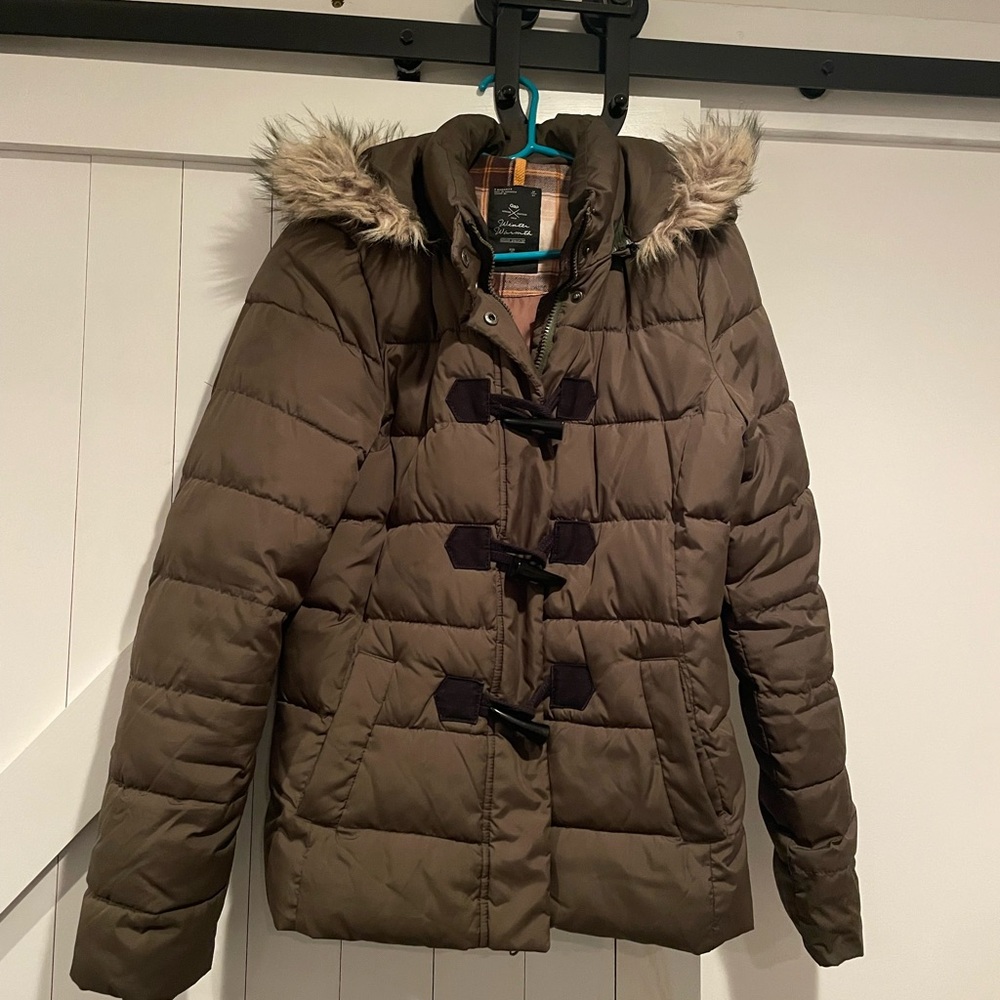 GAP Women's Olive Puffer Jacket with Faux Fur Hood